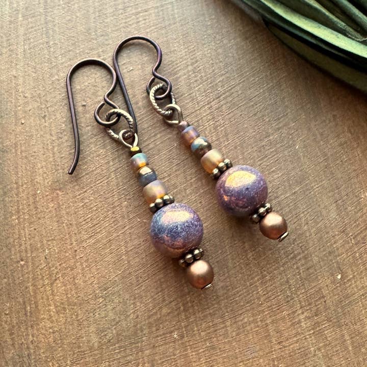 Long Dangle Earrings Spring Color Beads Lilac Purple Orange for wholesale by Vintage Earth