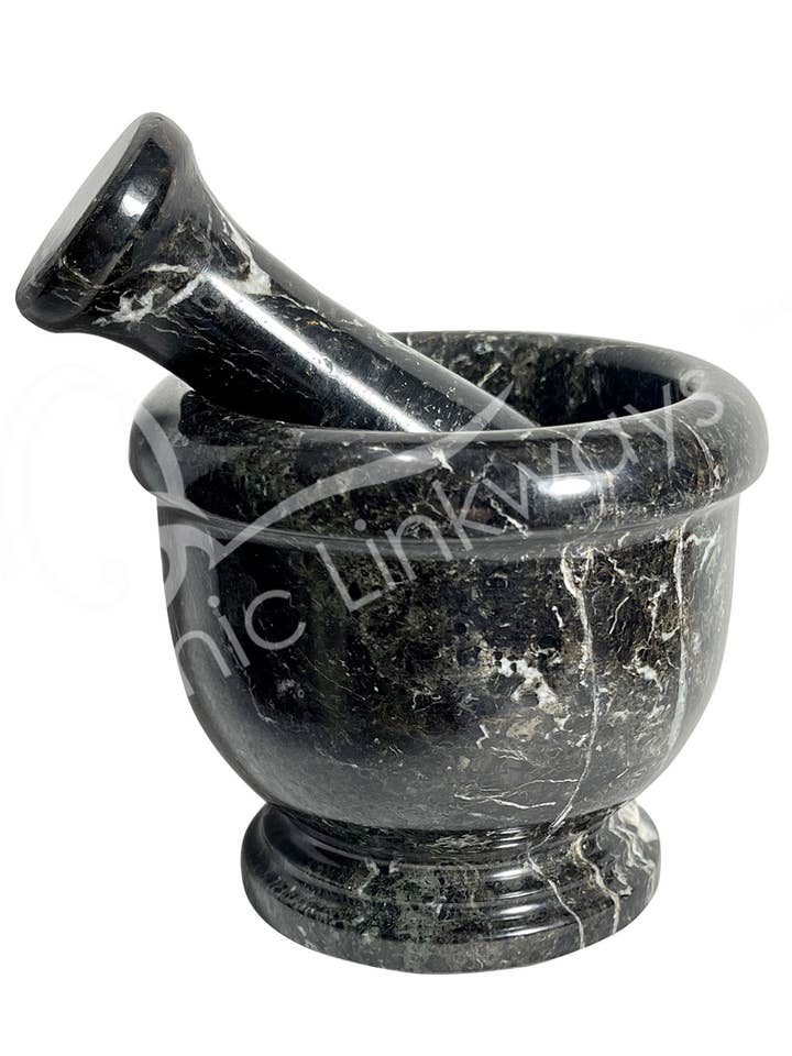 (PC)MORTAR & PESTLE - MARBLE, BLACK ZEBRA 2.5" for wholesale by Oceanic Linkways Inc