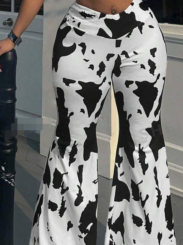WHITE CWBLP1734_COW PRINT HIGH WAIST FLARED CASUAL TROUSERS for wholesale on Faire2