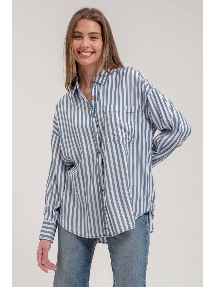Blu Pepper - Wholesale Blouse - Women's - STRIPE COLLARED BUTTON DOWN LONG SLEEVE SHIRT