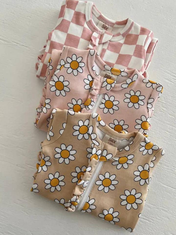 SIIX Collection - Wholesale Bodysuit (Footed) - Baby - Strawberry Shortcake Checkerboard / Organic Frill Zip Footie