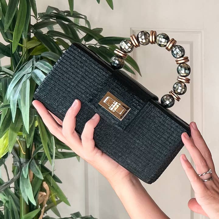 Soli & Sun - Wholesale Clutch Bag - Women's - Christmas Evening Bag - Black with Shell Inlay Bead Handle8