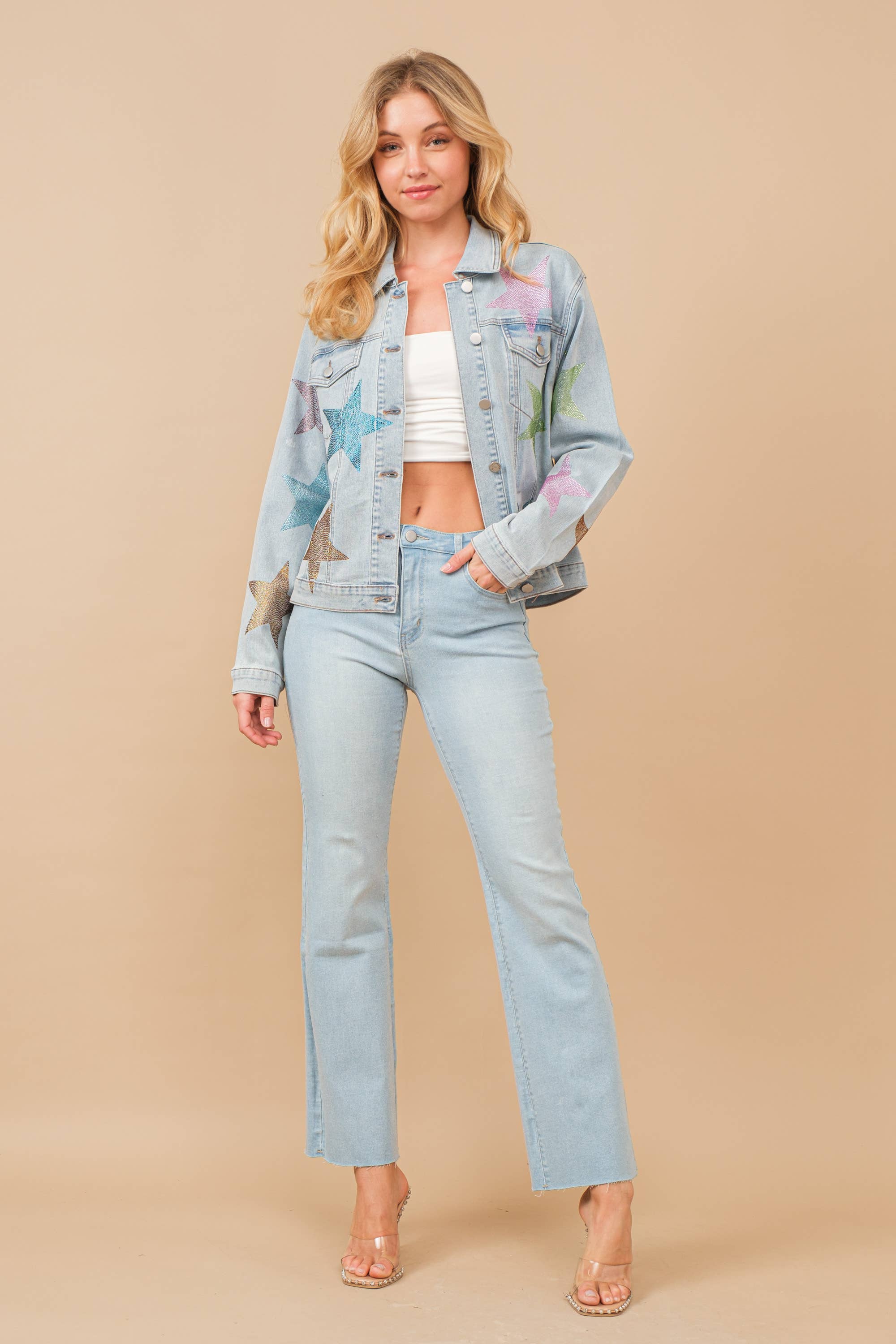 LÄTT TVÄTT 80135P-Lätt skimrande glittrande stretchjeans i mellanhöjd för wholesale på Faire4