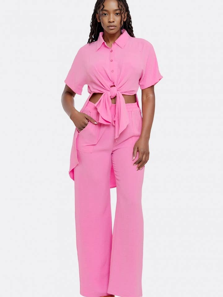 Tie-Front Button-Up Top & Wide-Leg Pants Set for wholesale by J2 FASHION