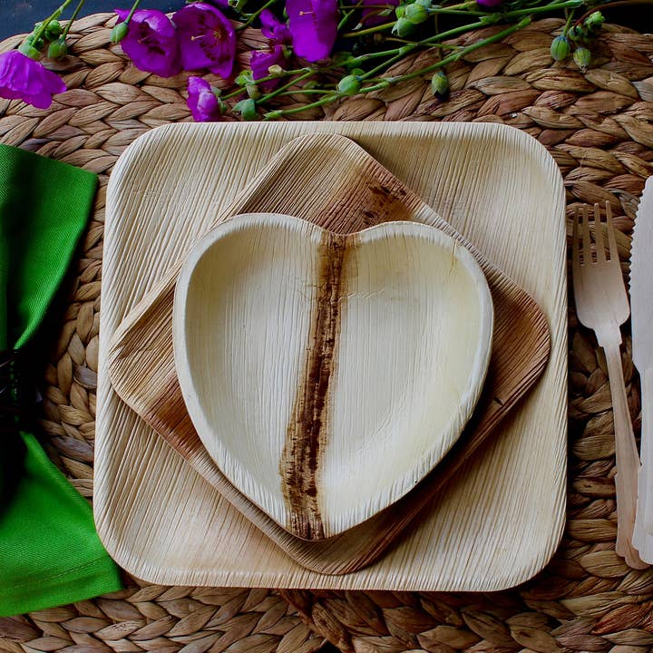 Disposable Palm Leaf Triangular Plate Natural Sustainable 25pice 9.5 Square And 25 Pic 7" Square -25 Pic 6" Heart - Cutlery Set 75 Pices for wholesale by Eco Elegant Table Ware