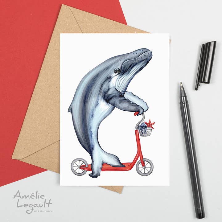 Whale riding a scooter Greeting Card for wholesale by Sardines Studio