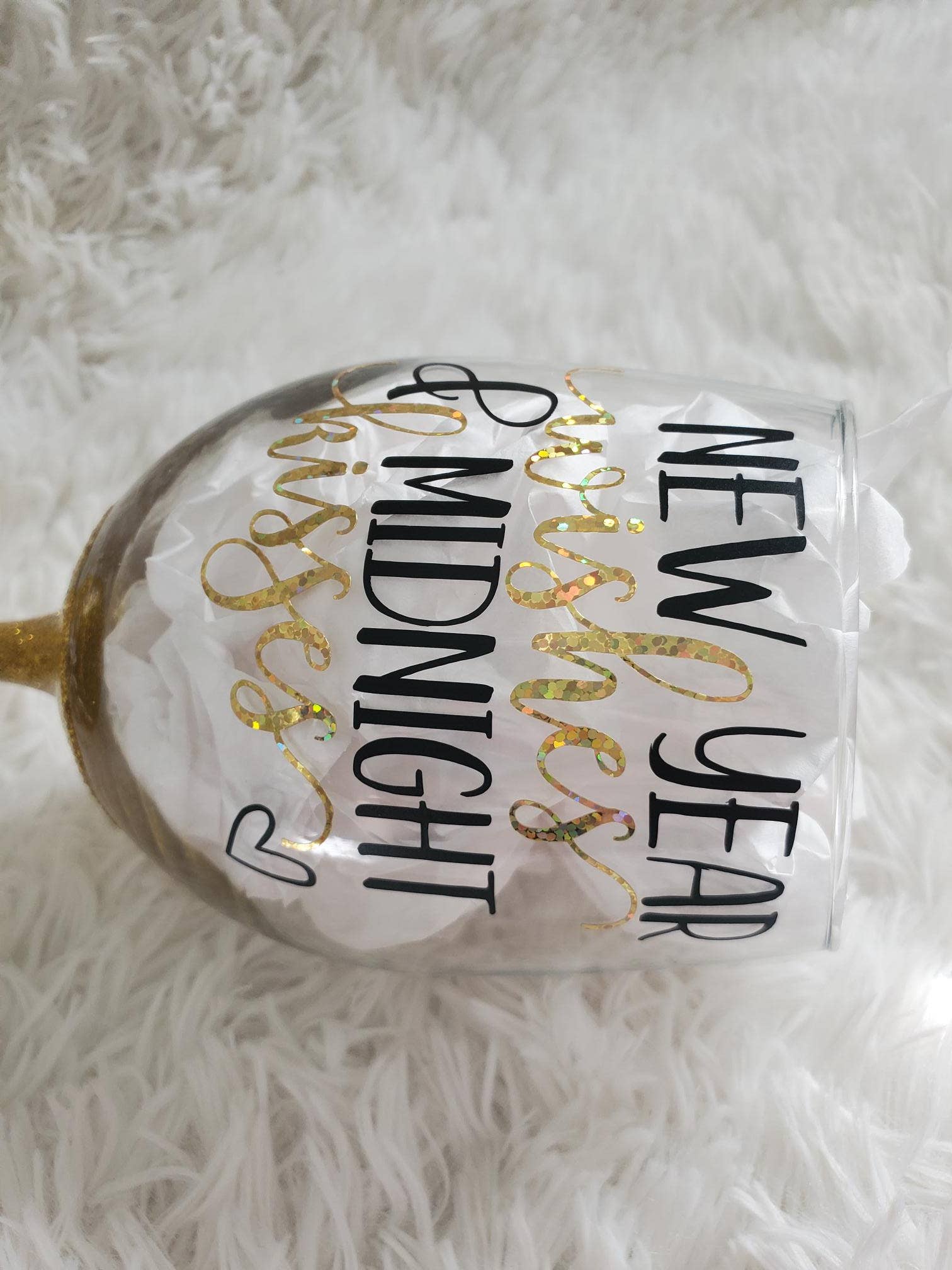 Tots And Tumblers Art - Wholesale Wine Glass - New Years Wishes Midnight Kisses Gold Glittered Stemmed Wine3