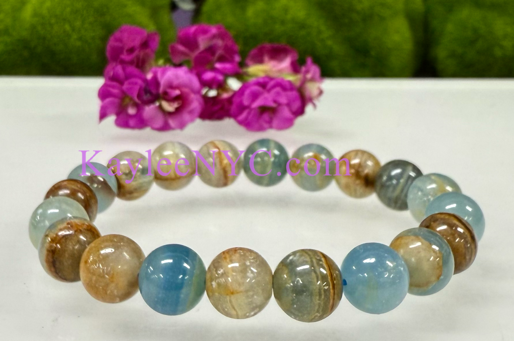 KayleeNYC – Pulseira de missangas por atacado – Pulseira elástica de Calcita Lemuriana Aquatinta 9mm a 10mm, 20 cm4