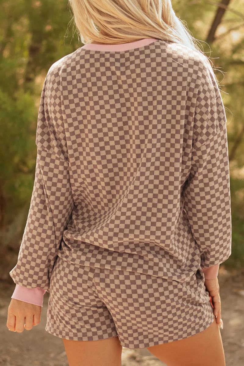 FULL TIME PURCHASE - Wholesale Lounge Set - Women's - Checkerboard Long Sleeve Pullover and Shorts Set4