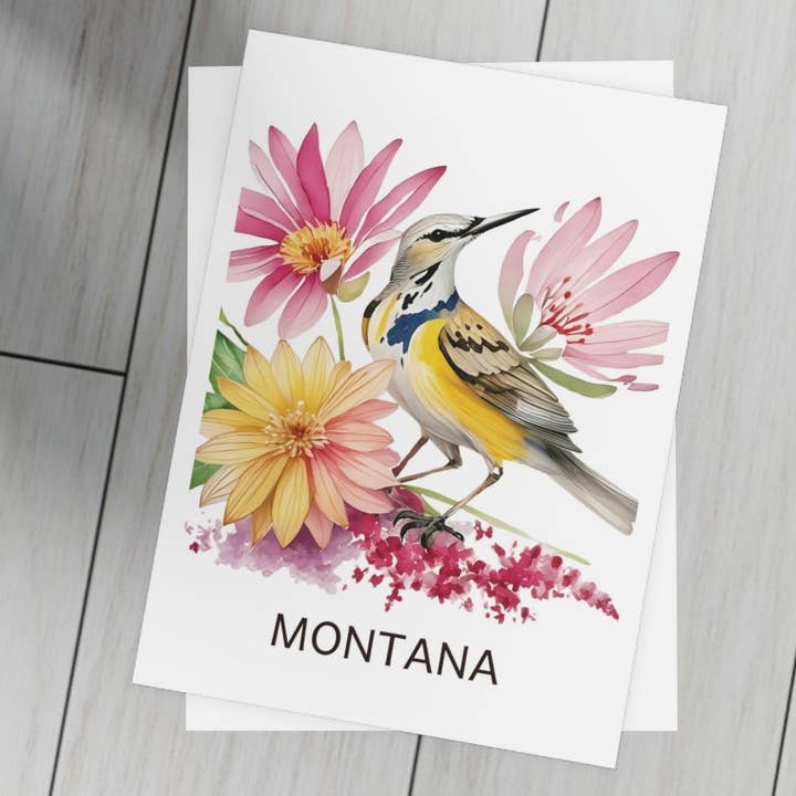 Montana | Meadowlark, vogel en roze bloemen | Home State wenskaart voor wholesale door Nefer Designer Candles & Home Decor