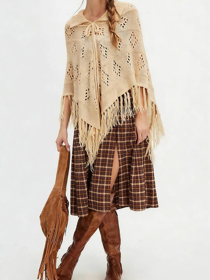 Fringe Knitted Poncho Wrap for wholesale by Mccolin