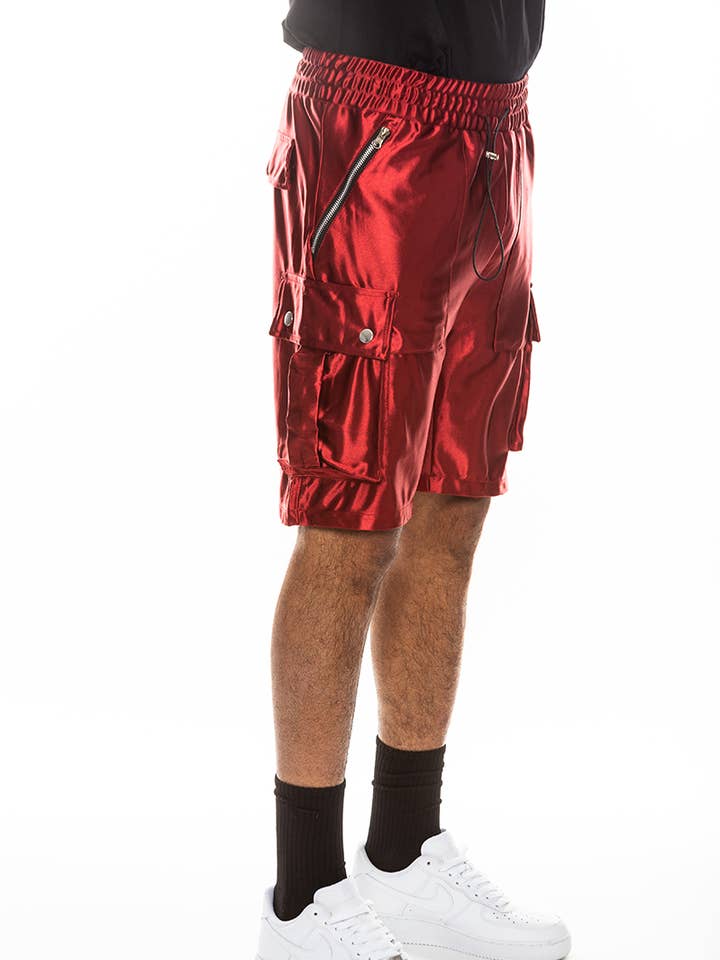 Mens Satin Cargo Utility Shorts with Snap Button Pockets for wholesale by WEIV