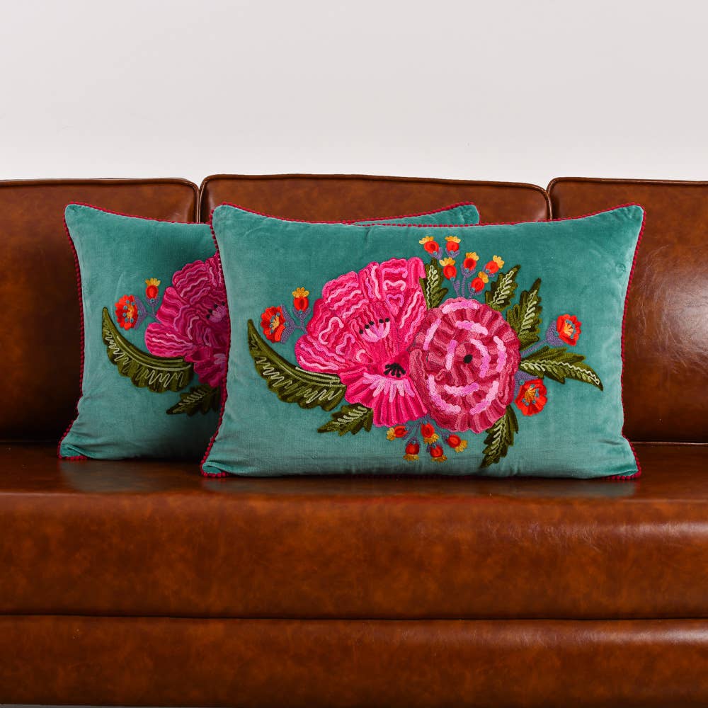 Karma Living - Wholesale Throw/Decorative Pillow - 2ABFLCC721_PG SET/2 FLORAL PILLOW VELVT P.GREEN 16x24"4