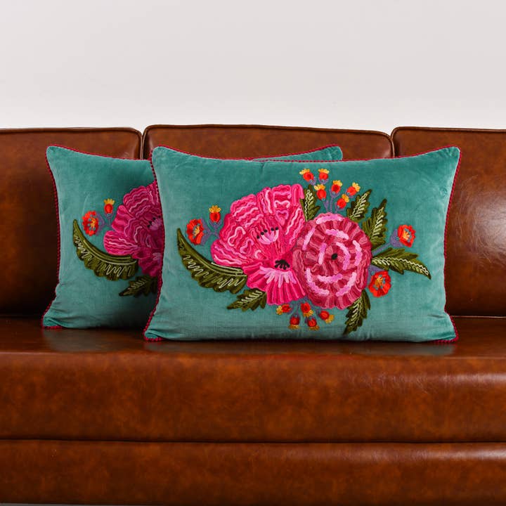 Karma Living - Wholesale Throw/Decorative Pillow - 2ABFLCC721_PG SET/2 FLORAL PILLOW VELVT P.GREEN 16x24"4