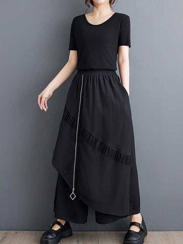 Plush Looks - Wholesale Pants - Women's - High Waisted Loose Elasticity Pleated Pockets Split-Joint Zipper Culotte Pants6