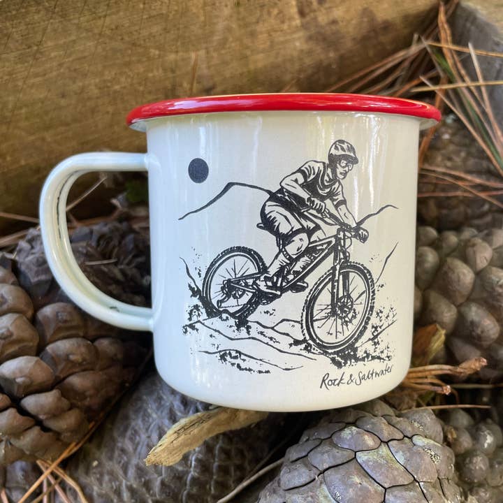 Mountain biker enamel mug for wholesale by Rock & Saltwater
