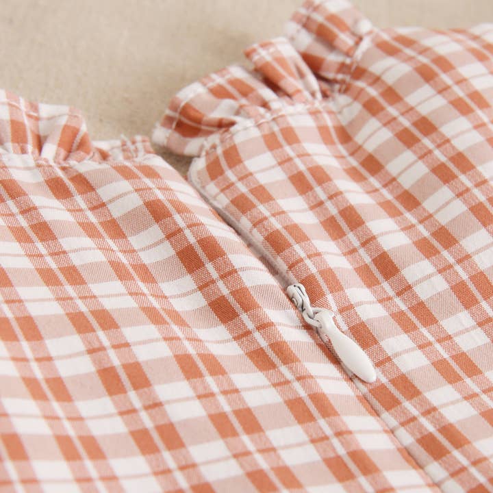 Dadati - Vendita all'ingrosso Vestito - Bambini - Abito a quadretti bianco-arancio con maniche lunghe a sbuffo