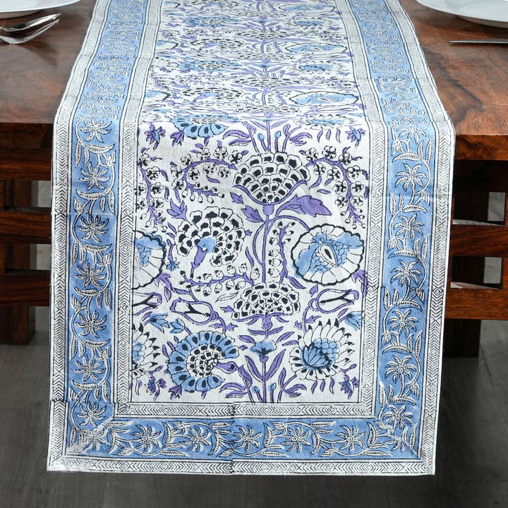 Cotton Print Club - Wholesale Table Runner - Aqua Blue Block Print Table Runner