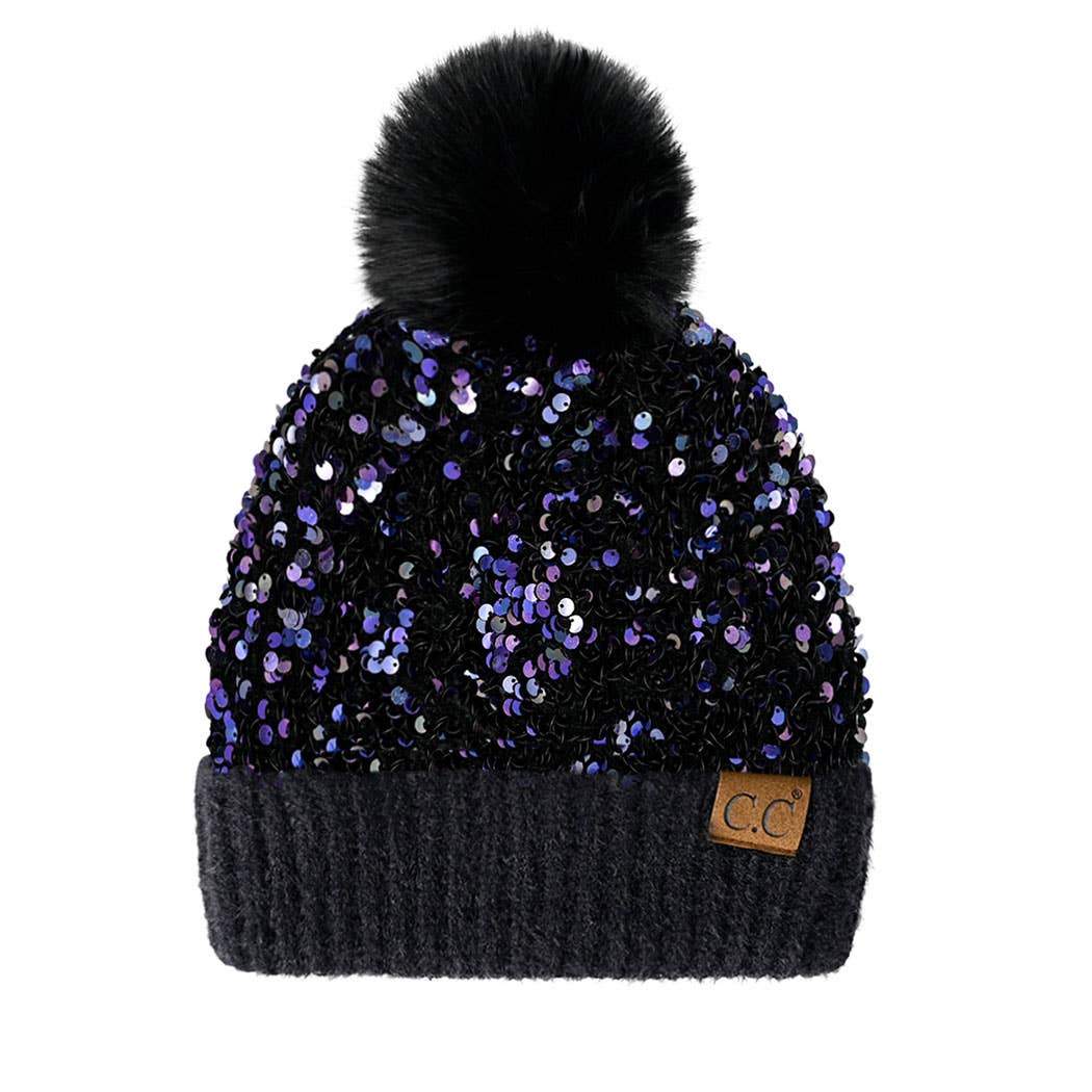 Fashion City - Wholesale Beanie - Women's - Glitter Sequined Cuff Beanie with Pom Pom4