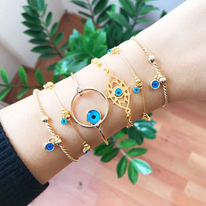 Evileyefavor - Wholesale Jewelry Set - Gold Evil Eye Bracelet, Evil Eye Bangle Bracelet, Blue Evil Eye Bead