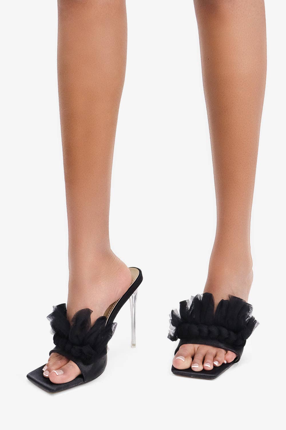 Lemonade Shoes - Wholesale High Heels - Women's - MADE YOU LOOK - Satin Ruffle Square Toe Heel, Clear Stiletto2