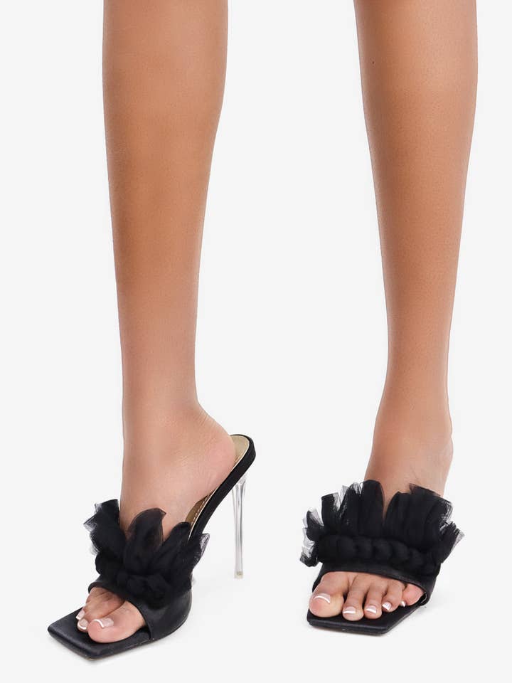 Lemonade Shoes - Wholesale High Heels - Women's - MADE YOU LOOK - Satin Ruffle Square Toe Heel, Clear Stiletto2