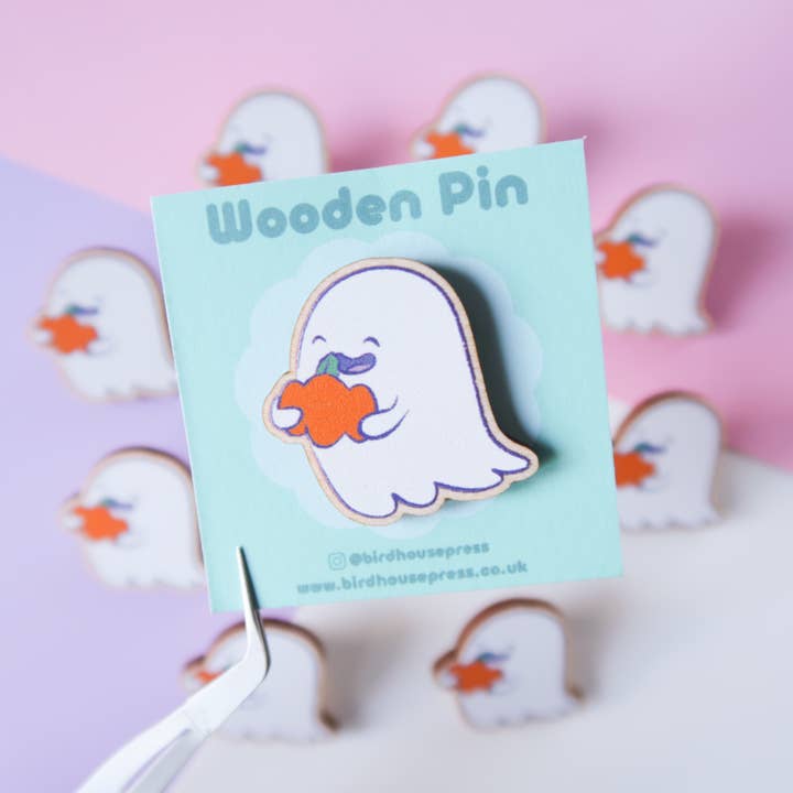 Cute kawaii ghost with Pumpkin 35mm wooden pin Hex the Ghost for wholesale by Bird House Press