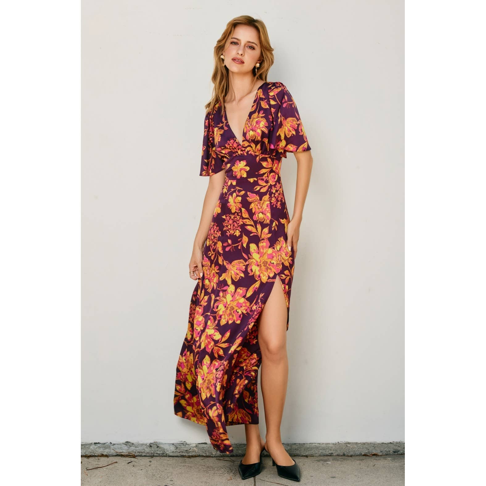 GOLDEN NIGHT Crimson Horizon Flutter Sleeve Plunging Maxi Dress (1) for wholesale on Faire5