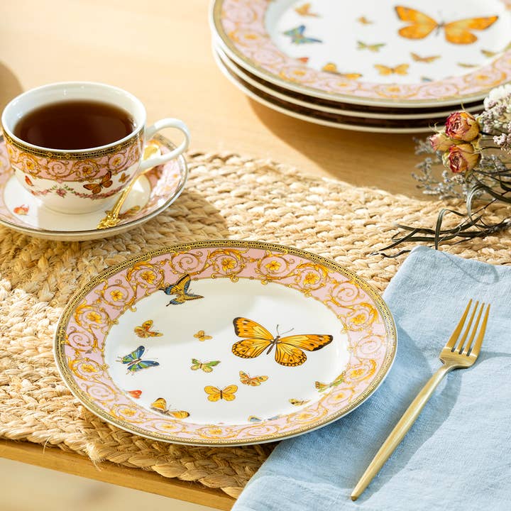 Butterflies with Pink Ornament 8" Porcelain Dessert Plate for wholesale by Grace Teaware