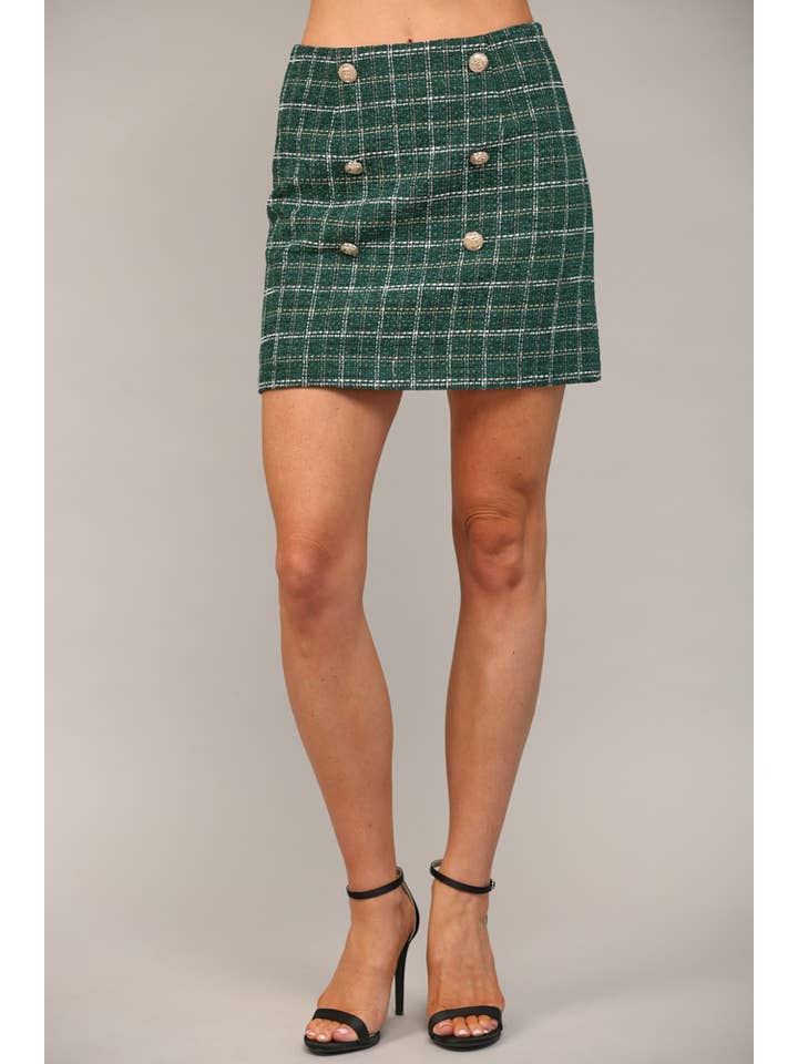 GREEN FRONT GOLD BUTTON TRIMMED LUREX MIXED TWEED SKIRT FS50019 for wholesale on Faire