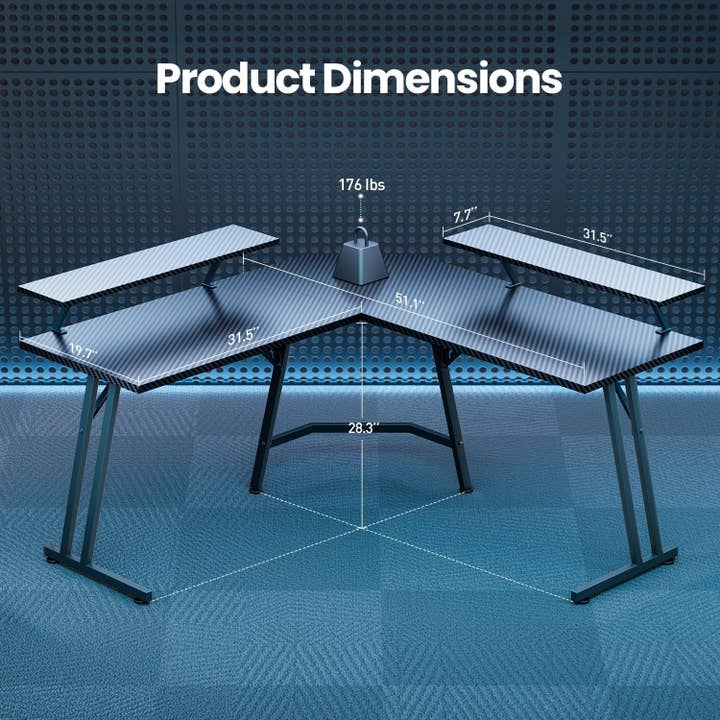 ShipItFurniture - Wholesale Desk Set - 51 Inch L Shaped Gaming Desk with Monitor Stand and LED Lights, Corner Computer Desk with Carbon Fiber Surface, PC Gaming Table for Home Office Writing Workstation, Easy to Install, Black2