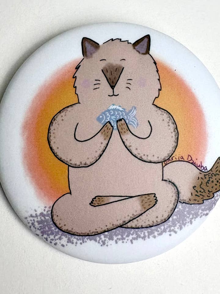 Meditating Cat Button Pin – Made in Canada for wholesale by Dariia Dziuba