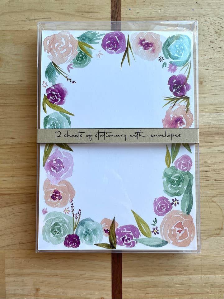 12 Sheets of Stationary with Envelopes - Peach Floral for wholesale by Kristin Schmidt Artist
