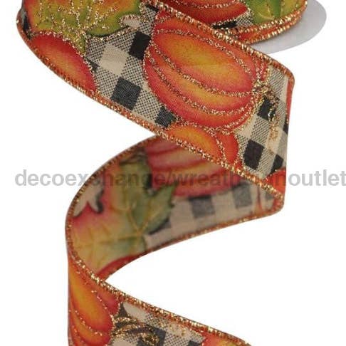 1.5"X10Yd Pumpkin/Leaves On Check Beige/Orange/Yellow/Green RGA195101 for wholesale by DecoExchange
