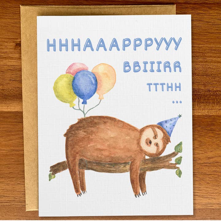 Funny sleeping sloth happy birthday card, Bday party animals for wholesale by Pink Hill Press