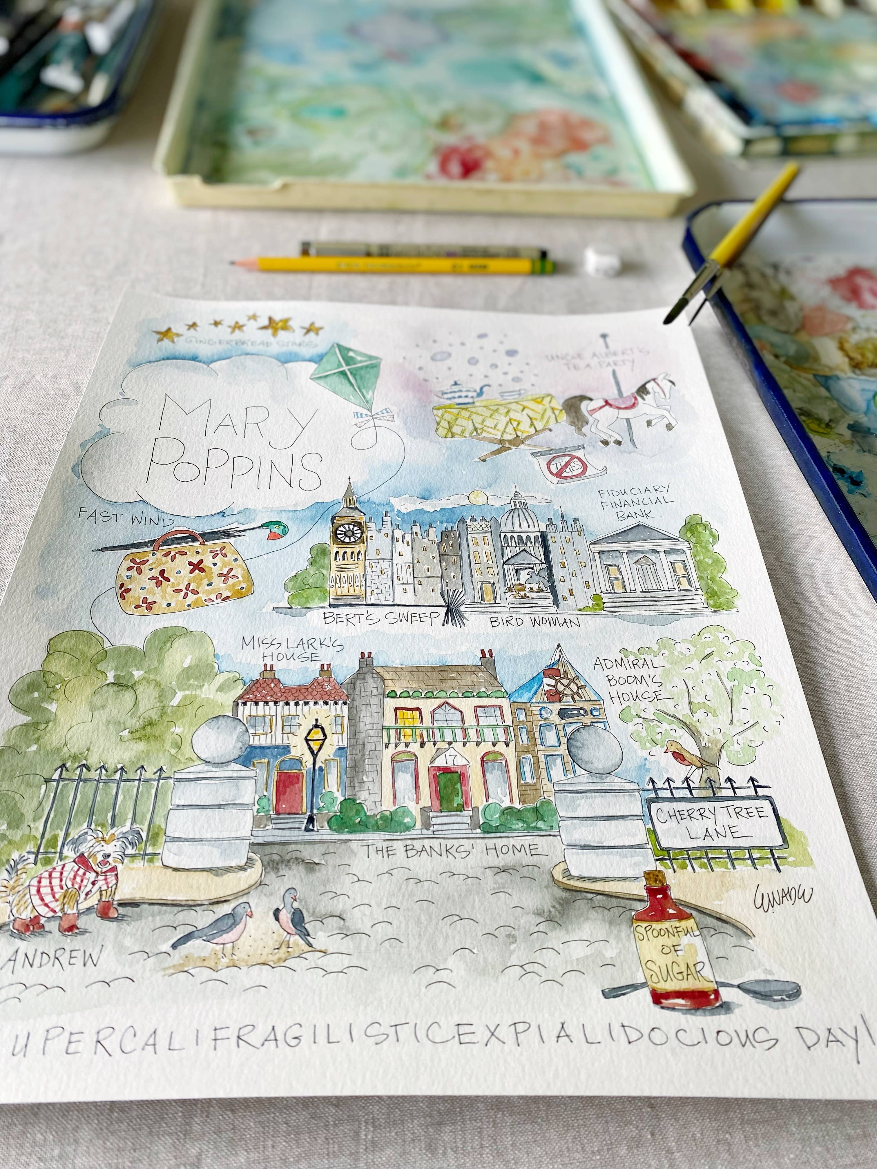 Elizabeth Wade Studio - Wholesale Art Print - Mary Poppins Watercolor Story Map Print2
