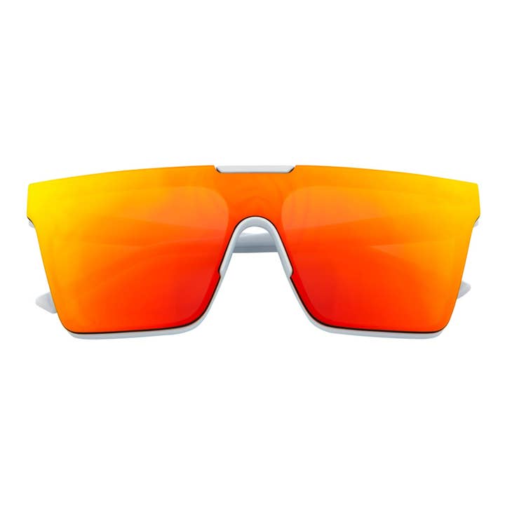 ELEKTRISCH - Große randlose rechteckige Schild-Sonnenbrille Weiß Orange Spiegel für den Großhandel von Morspecs