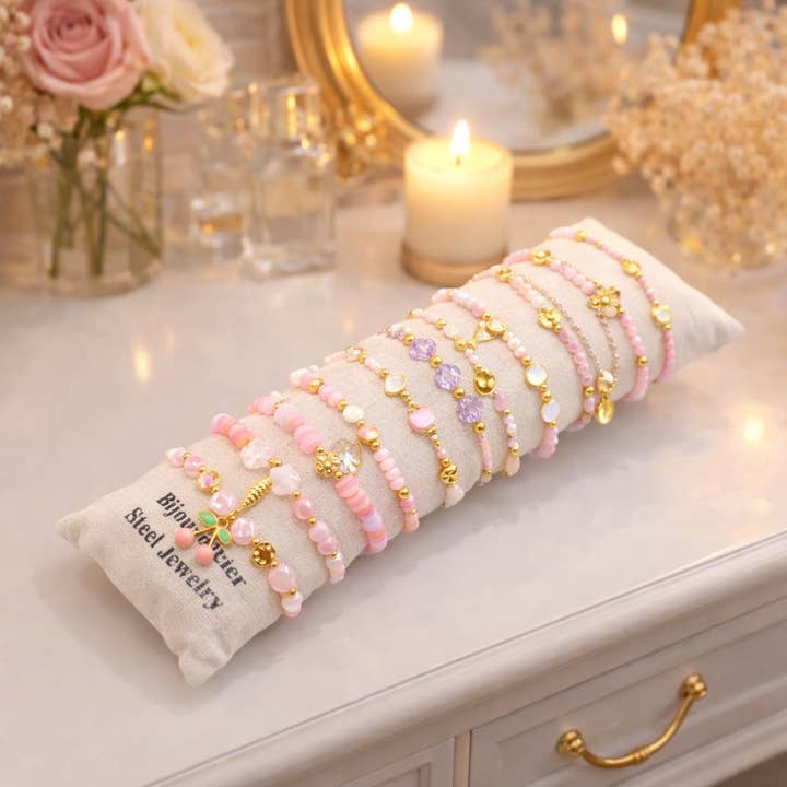 Set med armband i glas och stål - rosa för wholesale av Reference Mode