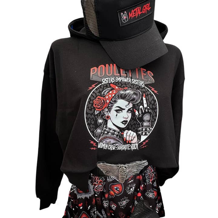 Poulettes Sisters - Wholesale Hoodie - Women's - Women's "Rebel Pin Up" Black Loose Crop Top Hoodie1