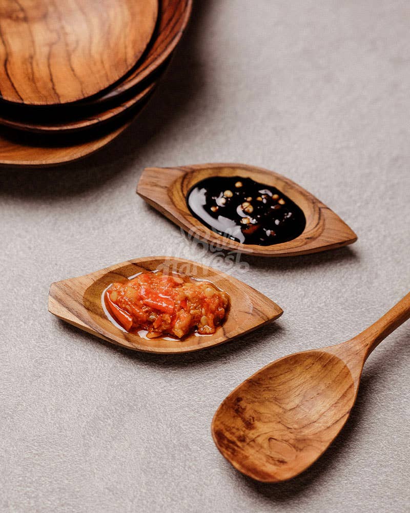 Bali Harvest - Wholesale Condiment/Dip Bowl - Teak Wooden Leaf Saucer Condiment Dish - Sauce Dish Dip Bowl2