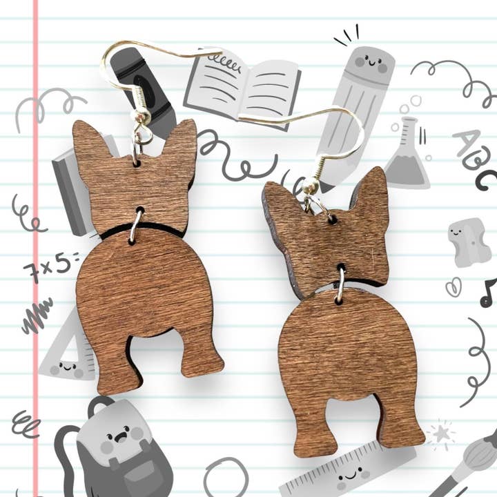 Handmade Wood Corgi Dangle Earrings for wholesale by Frank and Alan’s