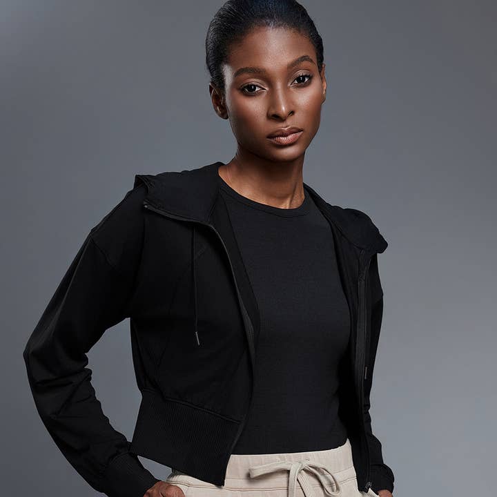 Sodalemon – wholesale Athletic jacket – Women′s – Women Hooded Short Waist-Tie Open-Front Sportswear Jacket5