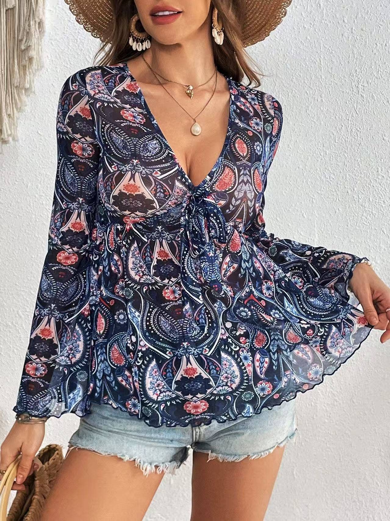 Miss Sparkling - Wholesale Blouse - Women's - Western Printed Bell Sleeve Blouse2
