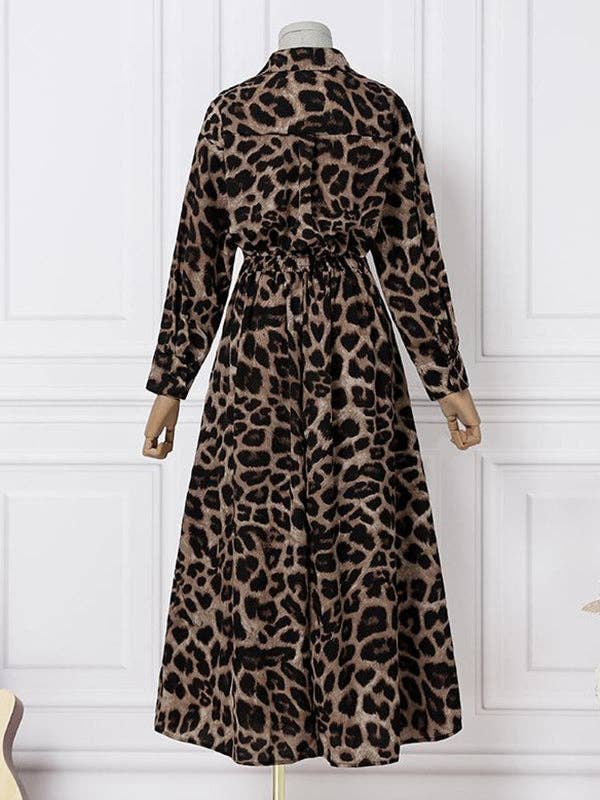Plush Looks - Wholesale Dress - Women's - High Waisted Long Sleeves Buttoned Leopard Lapel Maxi Dresses3