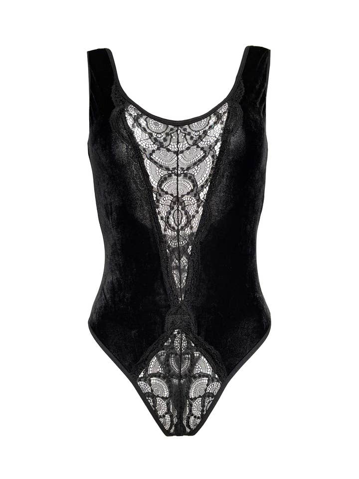 Pomegranate Love Velvet and Lace Bodysuit for wholesale by Carol Coelho Intimates