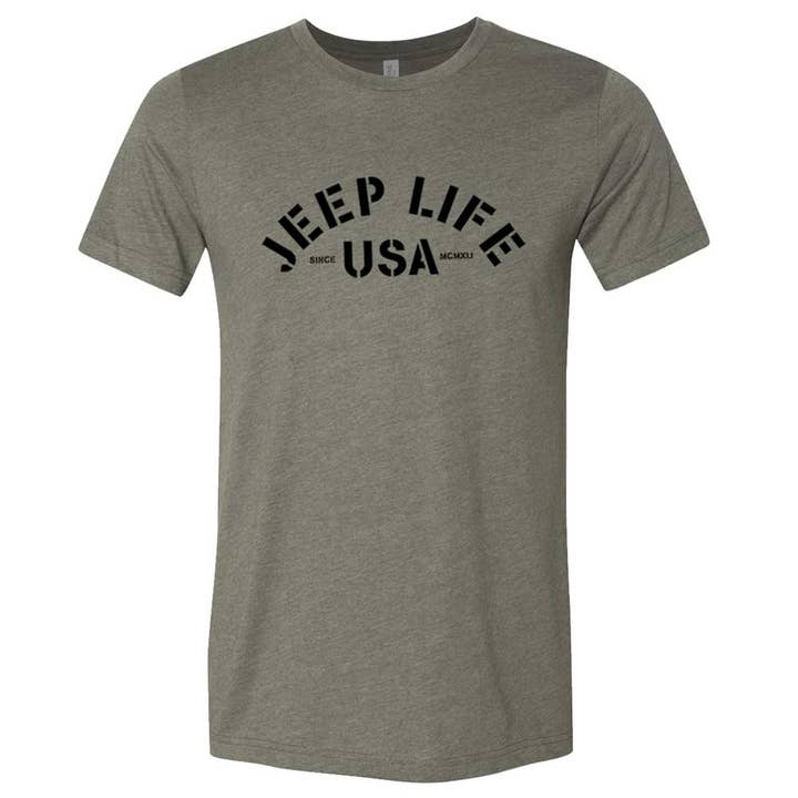 T-shirt Jeep® Life USA pour hommes - Vert militaire chiné pour la vente par Detroit Shirt Co.