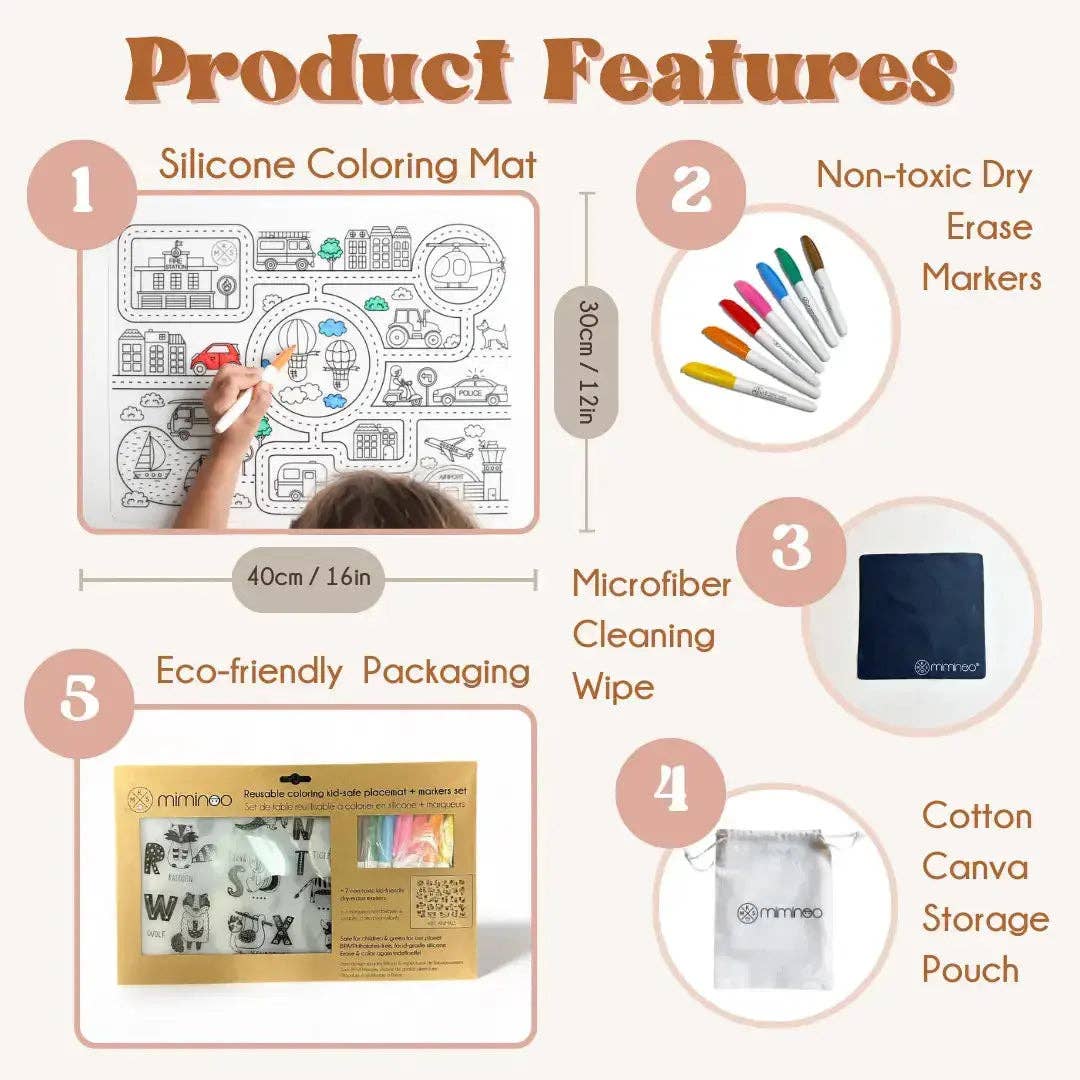 Miminoo - Wholesale Coloring Mat - Kids & Baby - Silicone Reusable Coloring Mat & Markers Set - Desert Animals ABC2