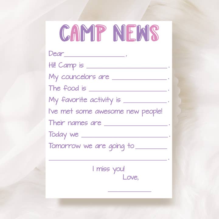 Tarjetas de noticias para rellenar en blanco sobre el campamento, juego de 10 (rosa/morado) para venta al por mayor de Designing Moments