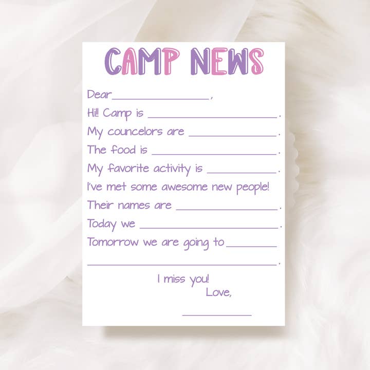 Tarjetas de noticias para rellenar en blanco sobre el campamento, juego de 10 (rosa/morado) para venta al por mayor de Designing Moments