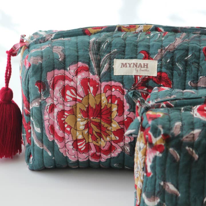 Trousse de voyage, de maquillage, de rangement et de toilette à motif floral émeraude, grande uniquement pour la vente par MYNAHbySmitha
